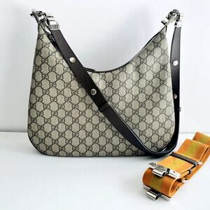 Gucci GG Supreme Monogram Textured Calfskin Web Large Shoulder Bag Beige Ebony